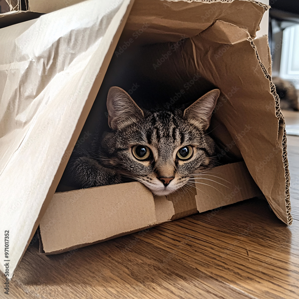 Title: Gray and white cat comfortably hiding inside a small cardboard ...