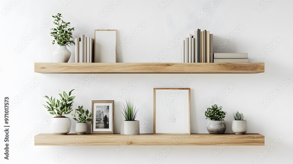 Floating wooden shelves mounted on a textured white wall display ...