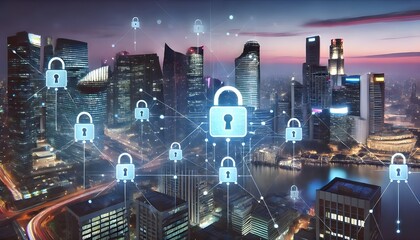 Poster - A modern city skyline with interconnected digital padlocks symbolizing cybersecurity and data protection in a networked urban environment.