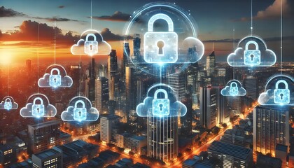 Poster - A modern city skyline with interconnected digital padlocks symbolizing cybersecurity and data protection in a networked urban environment.