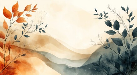 Wall Mural - Abstract Watercolor Landscape with Leaves