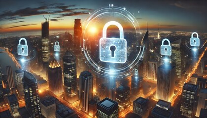 Poster - A modern city skyline with interconnected digital padlocks symbolizing cybersecurity and data protection in a networked urban environment.