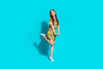 Canvas Print - Full body photo of attractive young woman dreamy cute posing dressed stylish colorful clothes isolated on cyan color background