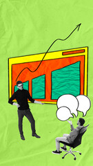 Wall Mural - Consultant presenting rising graph, symbolizing business growth. Speech bubbles represent ongoing communication and feedback in achieving success. Contemporary art. Concept of business, consulting