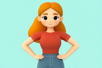 An animated girl with long orange hair, red shirt, and blue skirt smiles confidently with hands on her hips.