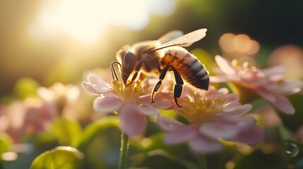 Macro photography of a vibrant flower garden with a honeybee, capturing vivid colors and soft sunlight for a detailed nature shot, emphasizing the beauty of flora and fauna.