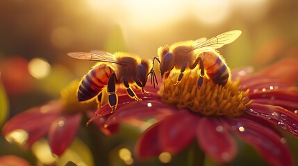 Macro photography of a vibrant flower garden with a honeybee, capturing vivid colors and soft sunlight for a detailed nature shot, emphasizing the beauty of flora and fauna.