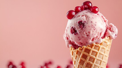 A close up of a waffle cone filled with pink ice cream and topped with cranberries on a pink background.