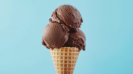 Wall Mural - A waffle cone filled with two scoops of chocolate ice cream against a blue background.