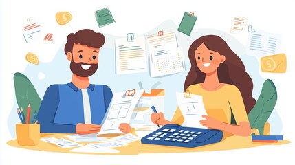 Poster - Two office workers reviewing paperwork and using a calculator at their desk during a collaborative meeting focused on financial planning