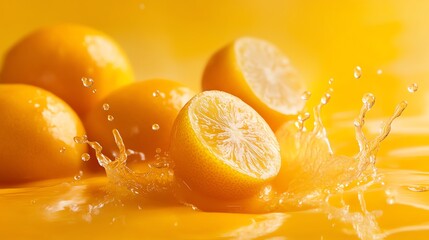 Wall Mural - lemons splashing in a pool of orange juice.