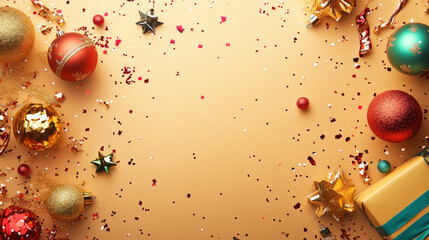 Wall Mural - Festive decorations and confetti create a vibrant space for New Year's greetings and celebrations