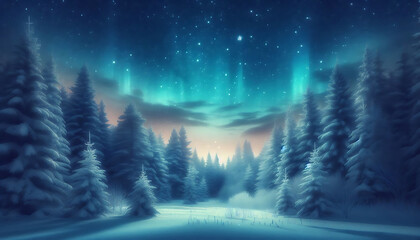 Winter landscape featuring a dense forest of snow covered pine trees under a night sky with stars