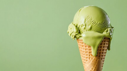 Wall Mural - A scoop of green tea ice cream in a waffle cone, melting on a green background.