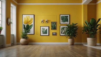 Wall Mural - A bright yellow room with plants and a blank frame.