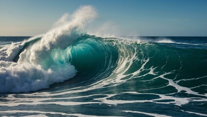 Wall Mural - A wide shot of powerful ocean waves crashing with foamy crests. Altered colors and ample space for text.