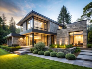 Contemporary stone-clad house with clean lines, large windows, and minimalist landscaping, set amidst a serene natural background with lush greenery and subtle mist.