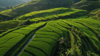 Wall Mural - Aerial view of green rice and tea fields.