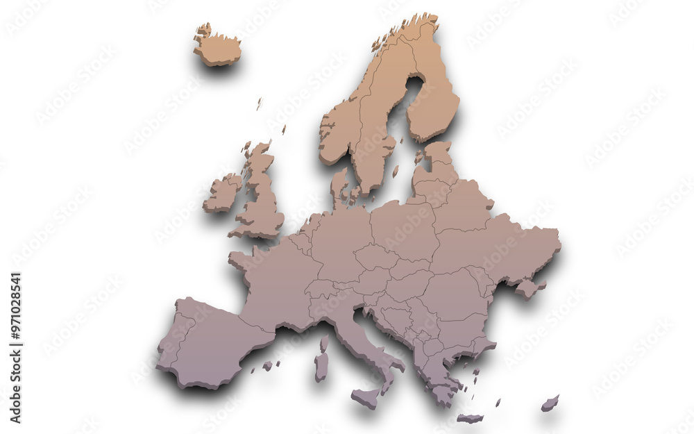 3d render map of Europe all Country with borders and regions, Europe ...