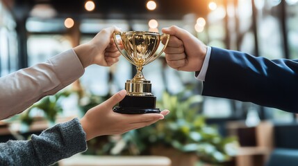 Canvas Print - Two people are holding up a gold trophy cup.