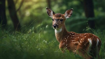 Wall Mural - Baby deer portrait in green nature.