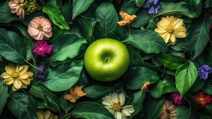 A juicy green apple rests amidst a bed of green leaves and colorful flowers, evoking a sense of freshness and vitality.