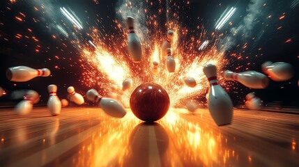 Sticker - A bowling ball knocks down the pins, with a fiery explosion effect.