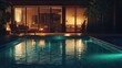 © Napasnan - A backyard pool at night illuminated with soft lights, with reflections on the water creating a calm atmosphere