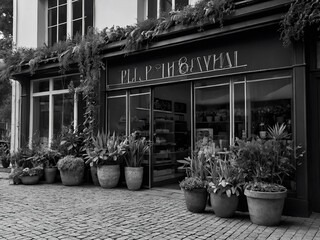 Wall Mural - Black and white sketch of a flower shop with plants.