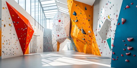 A Contemporary Indoor Bouldering Gym Featuring Vibrantly Colorful Rock Climbing Walls for All Levels