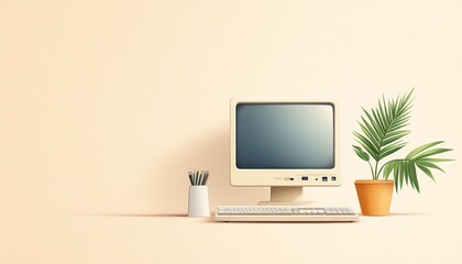 A retro computer setup with a CRT monitor flat design, front view, 90s theme, watercolor, vivid