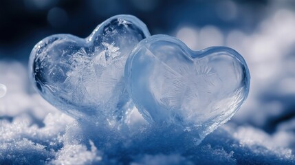 Wall Mural - Frozen heart-shaped ice sculptures with intricate snowflake patterns in winter wonderland