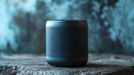 A black speaker on a wooden surface with a blue background.