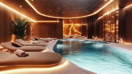 A luxurious indoor pool with modern architectural design, ambient lighting, and sleek lounge chairs