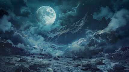 Night background photo of rocky mountains stretching to the horizon under the moonlight. Fantasy landscape. Digital painting illustration.