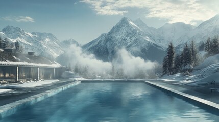 A mountain resort pool with steam rising from the water, surrounded by snow-covered peaks in winter