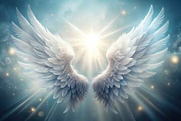 Delicate, intricately designed white angel wings with feathers spread wide, surrounded by soft, radiant light, conveying freedom, hope, and spiritual ascension on a transparent background.