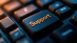 © MakoPoko - Keyboard close-up with the word 'Support' highlighted on a key, conveying online assistance or helpdesk services in a minimalistic tech setting