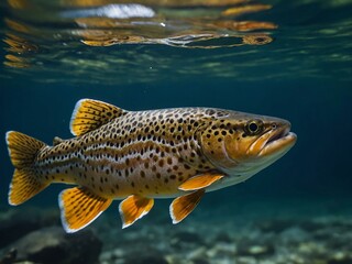 Wall Mural - Close-up of a brown trout swimming underwater.