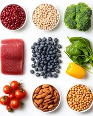 Healthy food assortment featuring fresh vegetables, fruits, protein, and nuts, perfect for a vibrant and nutritious meal prep with isolated on white background