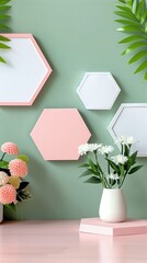 Wall Mural - Space for Product Advertisement in Pink Tones and Soft Green Wall with Hexagon Decoration