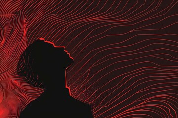 Poster - Silhouette of a person looking up at flowing red lines with a black background