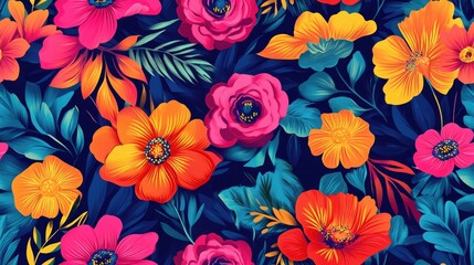 Wall Mural - Vibrant floral seamless pattern on a vivid background