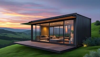 Wall Mural - Modern black shipping container home featuring large windows and open-air living room on rooftop terrace with sunset views over rolling green hills