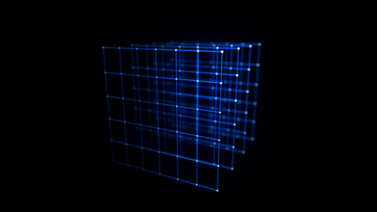 Abstract blue cube on black background. Wireframe square structure with glowing particles and lines. Futuristic digital illustration. 3D rendering.