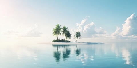 Wall Mural - A serene tropical island with palm trees reflecting on calm waters under a clear blue sky, perfect for relaxation and escape.