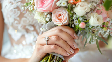 A woman is holding a bouquet of flowers and a ring. The woman is wearing a wedding dress. The flowers are pink and white. Scene is romantic and happy