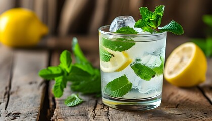 Refreshing lemonade with mint and lemon on rustic wooden table, embodying summer vibes and a healthy lifestyle