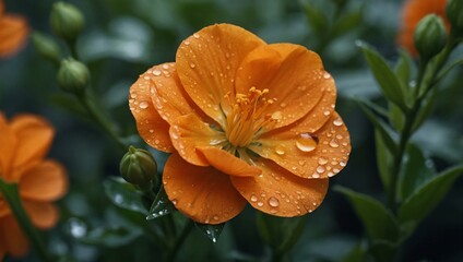 Sticker - Dew-covered orange flower in focus.