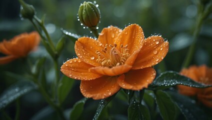 Sticker - Dew-covered orange flower in focus.